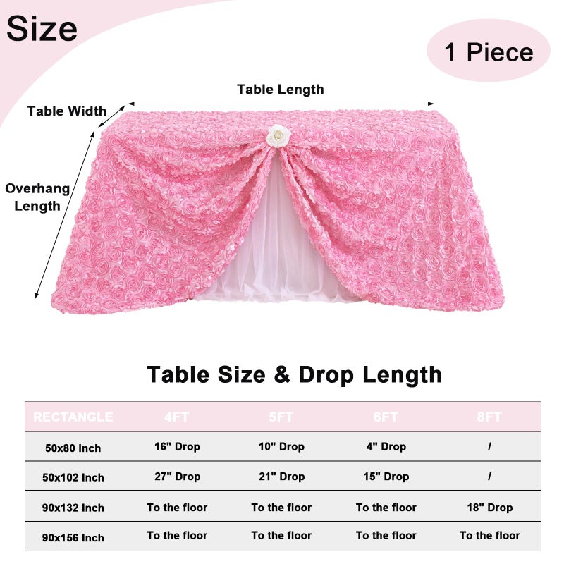 Fanqisi Pink Rosette Tablecloth 50x80 Inches Wholesale Rectangle Table Cover Rosette 3D Satin Tablecloth for Dinner Wedding Birthday Party Reception Table Decoration - Image 4